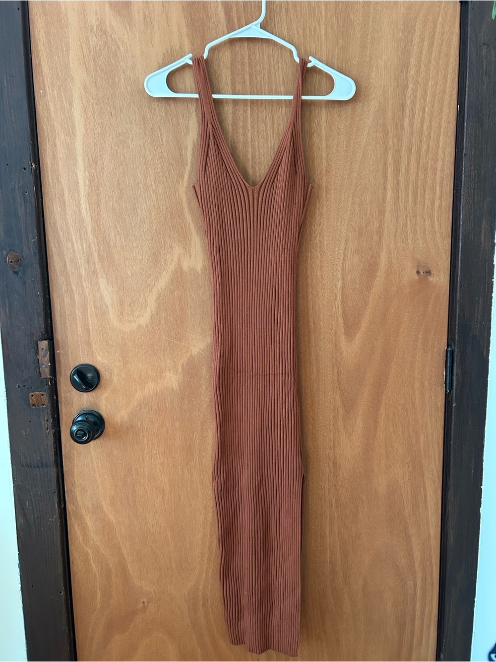 ASOS Ribbed V-Neck Maxi Dress in Rust